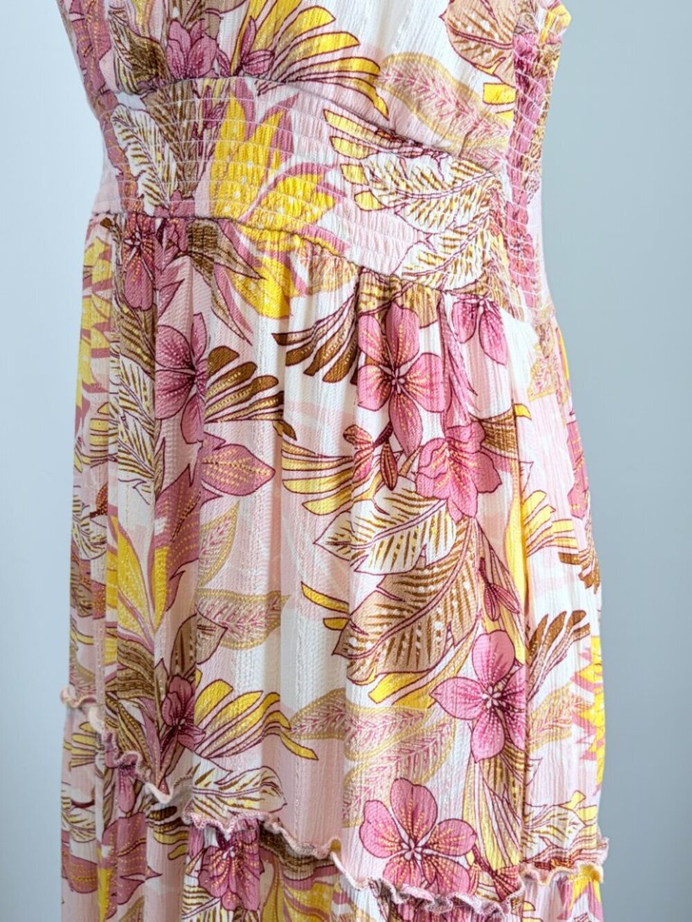 Tiered Maxi Dress Summer Flowy Costal Chic Gold Stitching Pink Yellow Size XXL - Picture 5 of 13